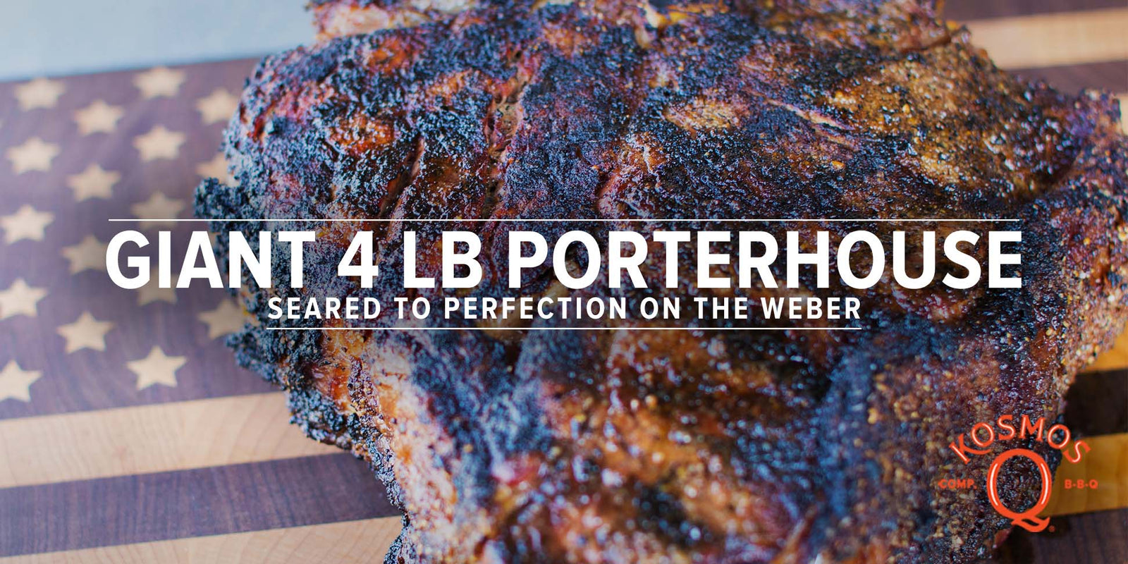 Close up photo of a grilled porterhouse steak, with visible grill marks, on a cutting board. The Kosmo's Q logo is placed in the top-center of the image.