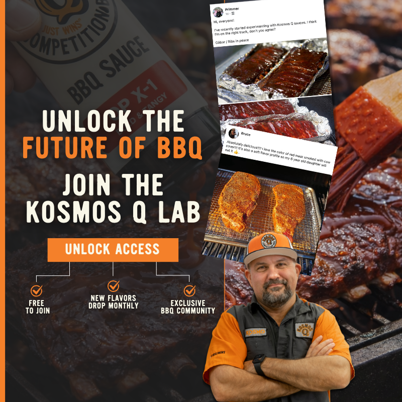 Promotional graphic for Kosmos Q Lab with barbecue-themed images and text.