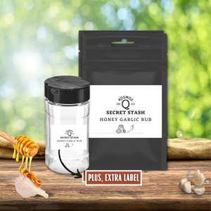 Kosmo's Q Barbecue Rubs Single Bag + Empty Shaker + Extra Label The Kosmos Q Lab Secret Stash: Honey Garlic Rub
